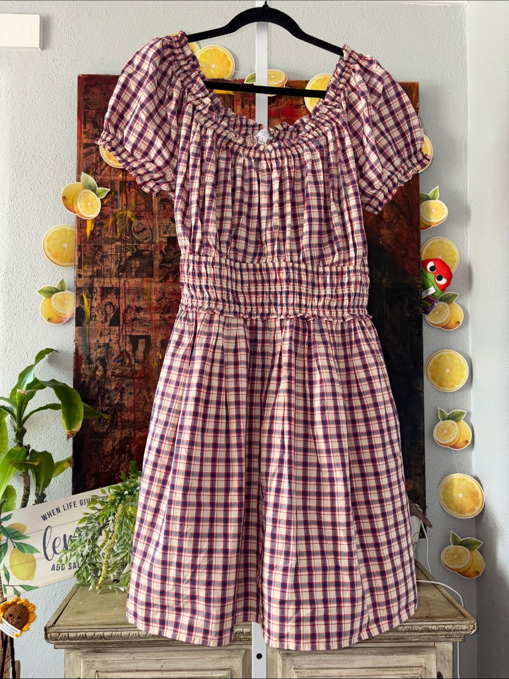 No Boundaries NWOT Plaid Smocked Waist Puff Sleeve Mini Dress Size L